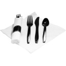 TigerChef Pre-Rolled White Napkin with Black Cutlery and Black Napkin Band Set - 30/Pack addl-3