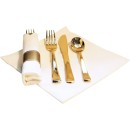 TigerChef Pre-Rolled White Napkin with Gold Cutlery and Gold Napkin Band Sets - 100 Sets addl-4