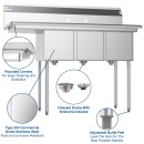 Koolmore SC121610-12L3 51" Three Compartment Stainless Steel Sink with Left Drainboard addl-3