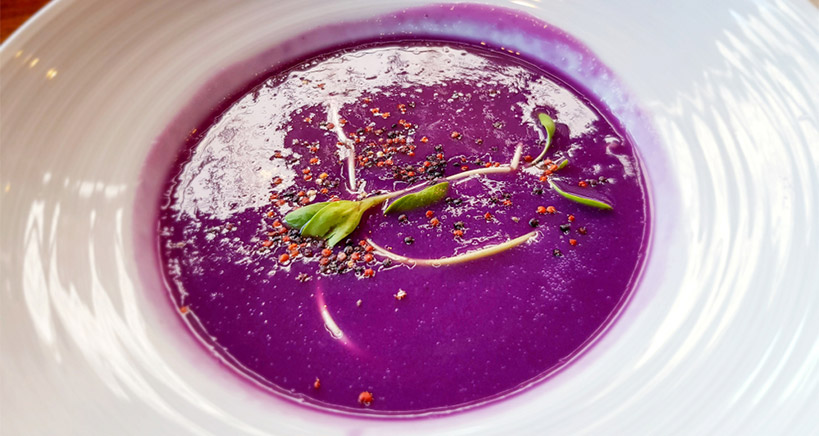 Purple cauliflower and sweet potato soup