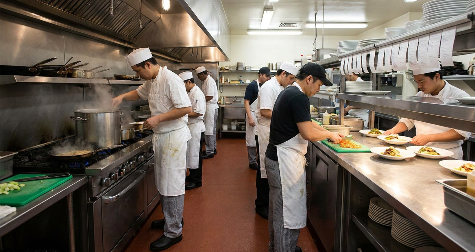 Kitchen staff working and preparing food