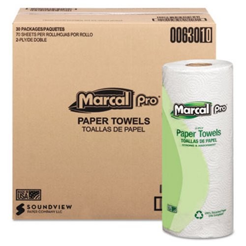 Marcal 100% Premium Recycled Perforated Towels, 2-Ply, 11x9, White, 70/Roll, 30 Rolls/Carton