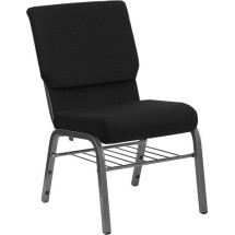 Flash Furniture XU-CH-60096-BK-SV-BAS-GG Hercules Series 18.5" Black Fabric Church Chair with Book Basket and Silver Vein Frame