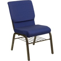 Flash Furniture XU-CH-60096-NVY-DOT-BAS-GG Hercules Series 18.5" Navy Blue Patterned Fabric Church Chair with Book Basket and Gold Vein Frame