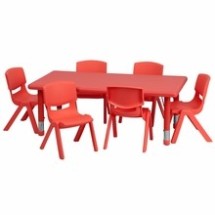 Flash Furniture YU-YCX-0013-2-RECT-TBL-RED-E-GG 24"W x 48"L Adjustable Rectangular Red Plastic Activity Table Set with 6 School Stack Chairs
