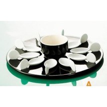 CAC China PTP-21-BLK Party Collection (10) White Tasting Spoons, Round Black Tray, 7 oz. Bowl Set