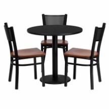 Flash Furniture MD-0007-GG 30&quot; Round Black Laminate Table Set with 3 Grid Back Metal Chairs, Cherry Wood Seat