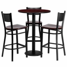 Flash Furniture MD-0017-GG 30" Round Mahogany Laminate Table Set with 3 Grid Back Metal Bar Stools, Mahogany Wood Seat