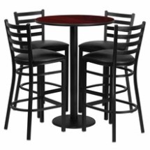 Flash Furniture RSRB1022-GG 30&quot; Round Mahogany Laminate Table Set with 4 Ladder Back Metal Bar Stools, Black Vinyl Seat