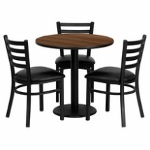 Flash Furniture MD-0002-GG 30&quot; Round Walnut Laminate Table Set with 3 Ladder Back Metal Chairs, Black Vinyl Seat