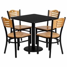 Flash Furniture MD-0010-GG 30" Square Black Laminate Table Set with 4 Wood Slat Back Metal Chairs, Natural Wood Seat