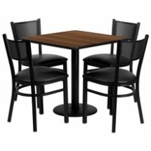 Flash Furniture MD-0005-GG 30&quot; Square Walnut Laminate Table Set with 4 Grid Back Metal Chairs, Black Vinyl Seat