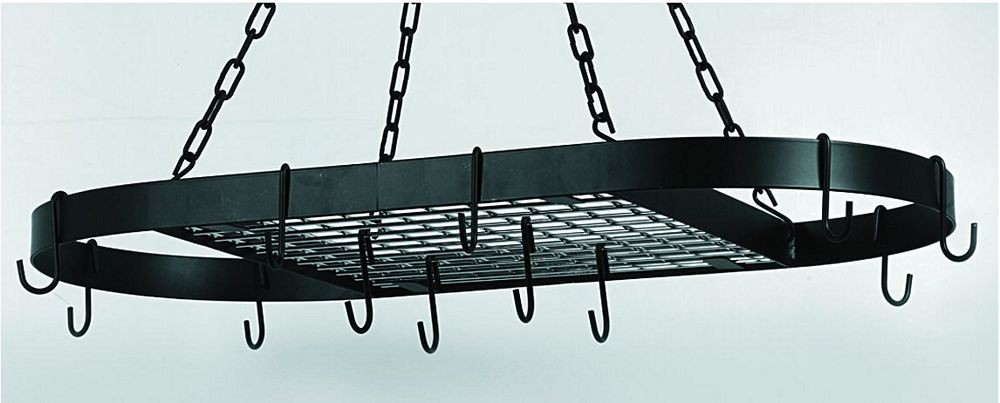 Old Dutch International 118MB Matte Black Light Gauge Oval Hanging Pot Rack with 12 Hooks/Chain, 32 1/2" x 17"