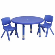 Flash Furniture YU-YCX-0073-2-ROUND-TBL-BLUE-R-GG 33" Round Adjustable Blue Plastic Activity Table Set with 2 School Stack Chairs