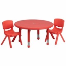 Flash Furniture YU-YCX-0073-2-ROUND-TBL-RED-R-GG 33&quot; Round Adjustable Red Plastic Activity Table Set with 2 School Stack Chairs