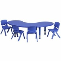 Flash Furniture YU-YCX-0043-2-MOON-TBL-BLUE-E-GG 35&quot;W x 65&quot;L Adjustable Half-Moon Blue Plastic Activity Table Set with 4 School Stack Chairs