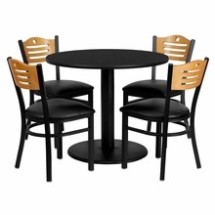 Flash Furniture MD-0009-GG 36" Round Black Laminate Table Set with 4 Wood Slat Back Metal Chairs, Black Vinyl Seat