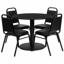 Flash Furniture RSRB1001-GG 36" Round Black Laminate Table Set with 4 Black Trapezoidal Back Banquet Chairs