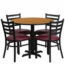 Flash Furniture HDBF1007-GG 36&quot; Round Natural Laminate Table Set with 4 Ladder Back Metal Chairs, Burgundy Vinyl Seat