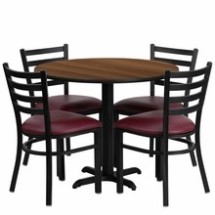 Flash Furniture HDBF1008-GG 36&quot; Round Walnut Laminate Table Set with 4 Ladder Back Metal Chairs, Burgundy Vinyl Seat