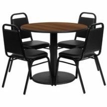 Flash Furniture RSRB1004-GG 36&quot; Round Walnut Laminate Table Set with 4 Black Trapezoidal Back Banquet Chairs