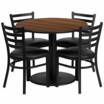 Flash Furniture RSRB1032-GG 36&quot; Round Walnut Laminate Table Set with 4 Ladder Back Metal Chairs, Black Vinyl Seat