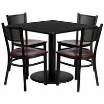 Flash Furniture MD-0008-GG 36&quot; Square Black Laminate Table Set with 4 Grid Back Metal Chairs, Mahogany Wood Seat