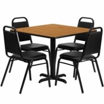 Flash Furniture HDBF1011-GG 36&quot; Square Natural Laminate Table Set with 4 Black Trapezoidal Back Banquet Chairs