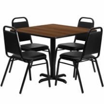 Flash Furniture HDBF1012-GG 36&quot; Square Walnut Laminate Table Set with 4 Black Trapezoidal Back Banquet Chairs