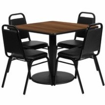 Flash Furniture RSRB1012-GG 36" Square Walnut Laminate Table Set with 4 Black Trapezoidal Back Banquet Chairs