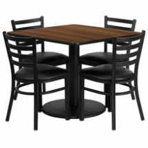 Flash Furniture RSRB1016-GG 36&quot; Square Walnut Laminate Table Set with 4 Ladder Back Metal Chairs, Black Vinyl Seat