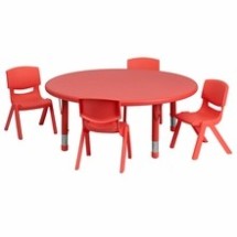 Flash Furniture YU-YCX-0053-2-ROUND-TBL-RED-E-GG 45" Round Adjustable Red Plastic Activity Table Set with 4 School Stack Chairs