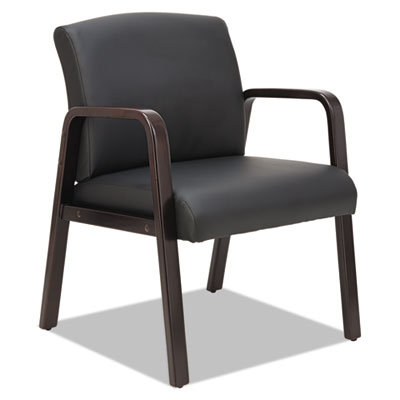 Alera Reception Black Leather Arm Chair with Espresso Wood Frame