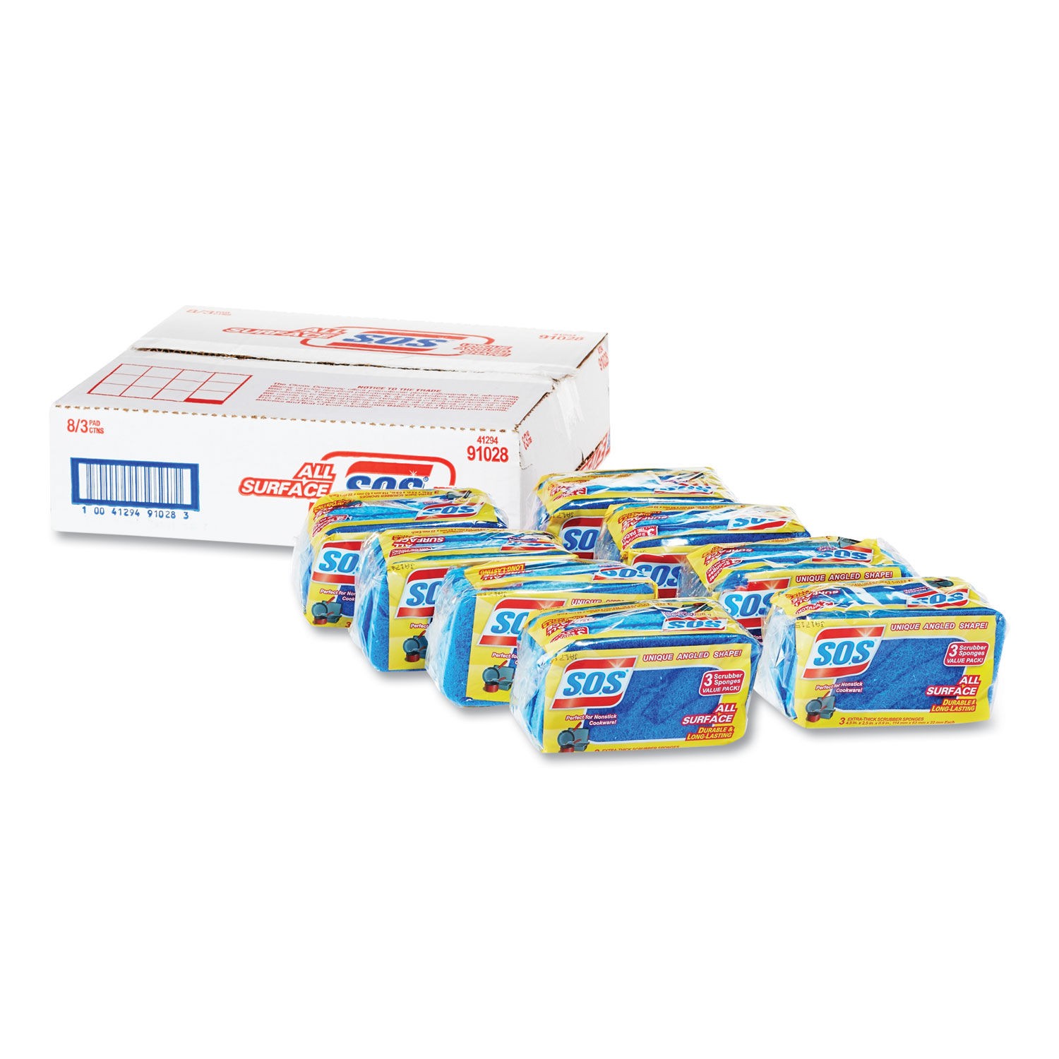 S.O.S. All Surface Scrubber Sponge, 2 1/2 x 4 1/2, 0.9" Thick, Blue, 3/Pack, 8 Packs/Carton