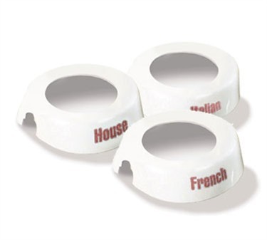 TableCraft CM12 10-Piece Imprinted White Plastic Salad Dressing Dispenser Collar Set with Maroon Lettering