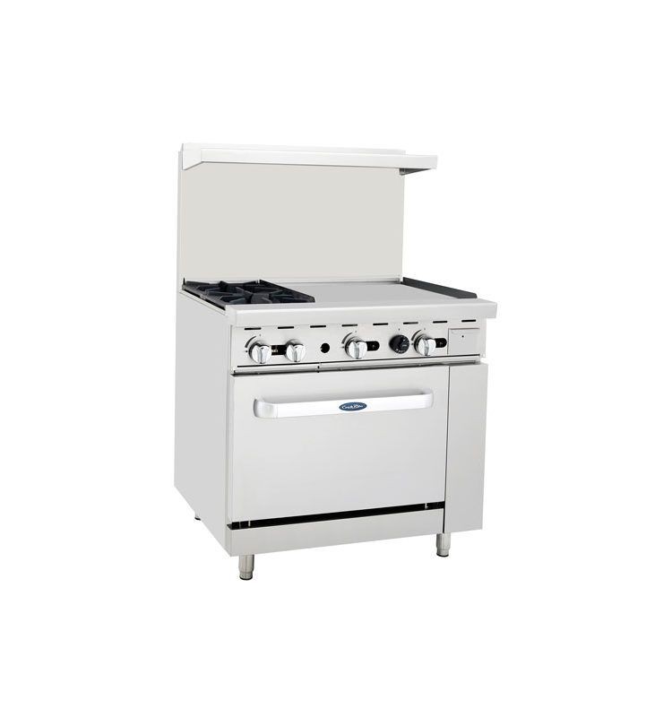 Atosa AGR-2B24GR 36" Gas Range, (2) Open Burners with 24" Right Griddle, (1) 26-1/2" Oven