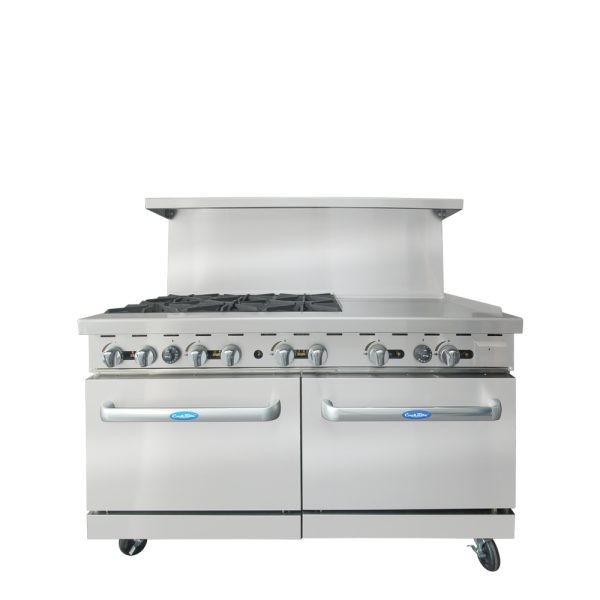 Atosa AGR-6B24RGB 60" Gas Range with (6) Open Burners and 24" Raised Right Side Griddle, (2) 26 1/2" Ovens