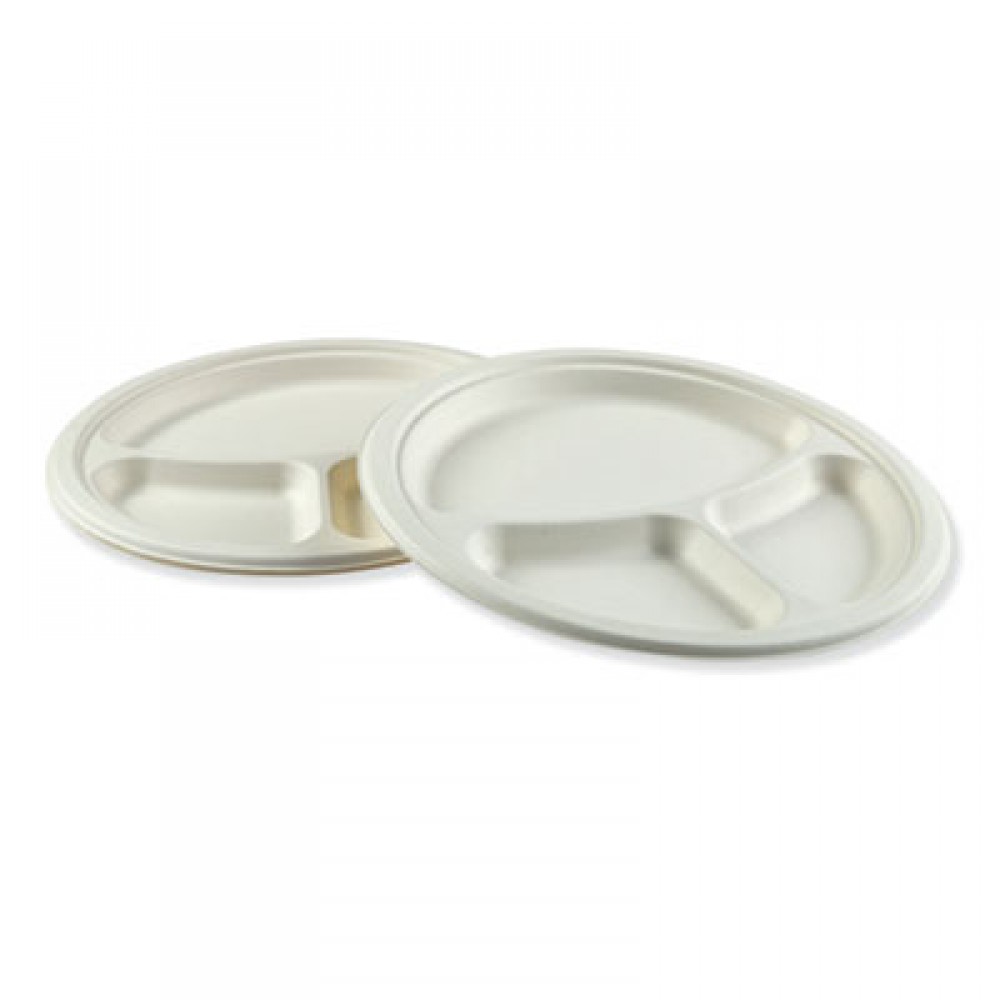 10 Bagasse 3-Compartment Round Plate - 500 ct