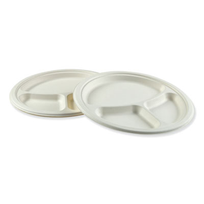 Bagasse Molded Fiber 3-Compartment Plate, 10" Diameter, White, 500/Carton