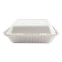 Bagasse Molded Fiber Food Containers, Hinged-Lid, 3-Compartment 9 x 9, White, 100/Sleeve, 2 Sleeves/Carton