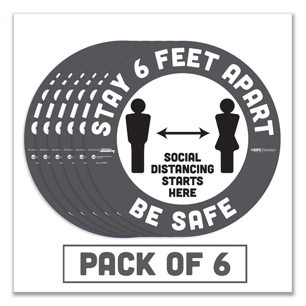 Besafe Carpet Decals, "Stay 6 Feet Apart; Be Safe", 12" Dia, White/Gray, 6/Pack