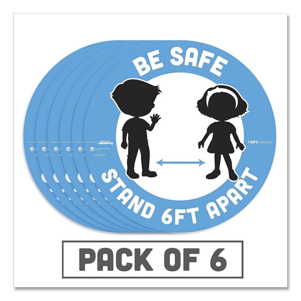 Besafe Messaging Education Floor Signs, "Be Safe; Stand 6 Ft Apart", 12" Dia, White/Blue, 6/Pack