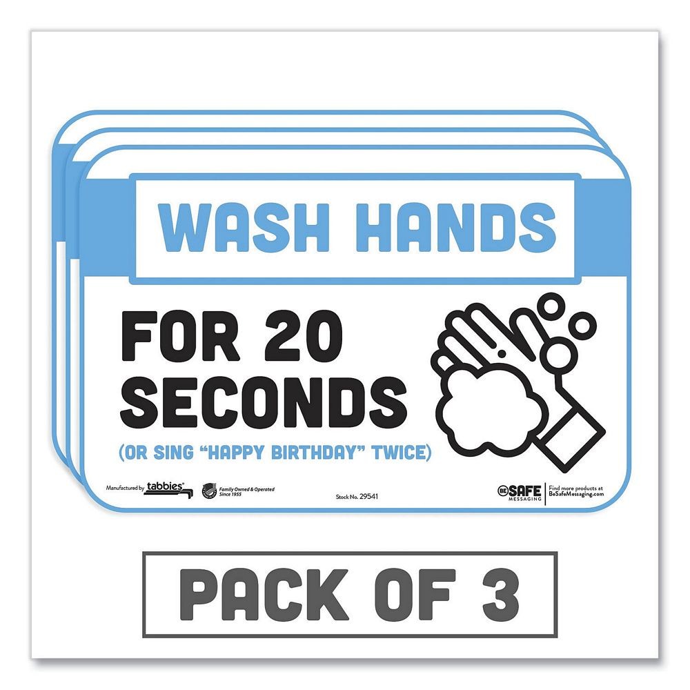 Besafe Messaging Education Wall Signs, "Wash Hands For 20 Seconds or Sing Happy Birthday Twice", 9" x 6", 3/Pack