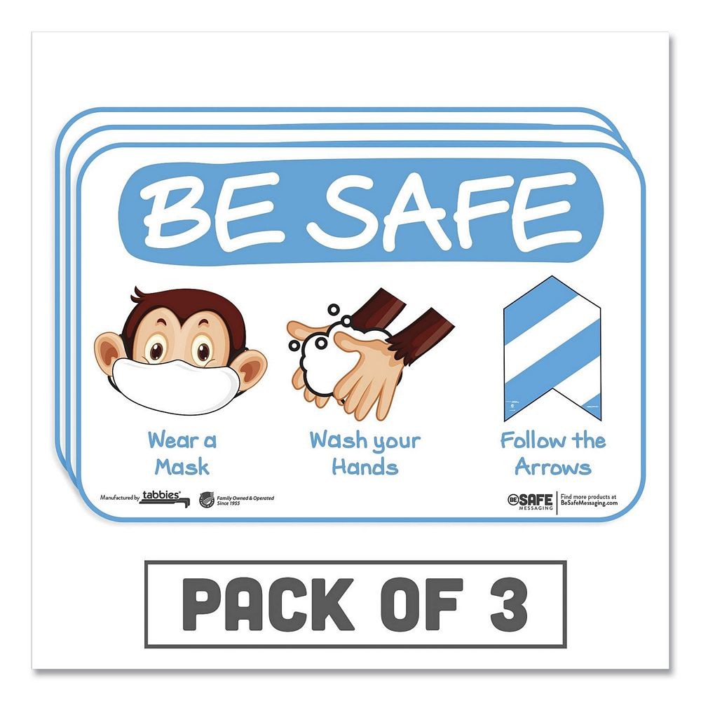 Besafe Messaging Education Wall Signs, "Be Safe, Wear A Mask, Wash Your Hands, Follow The Arrows", Monkey, 9" x 6", 3/Pack