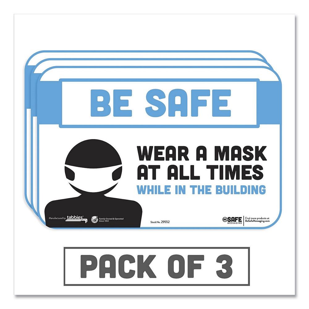 Besafe Messaging Education Wall Signs, "Be Safe, Wear A Mask At All Times While In The Building", 9" x 6", 3/Pack