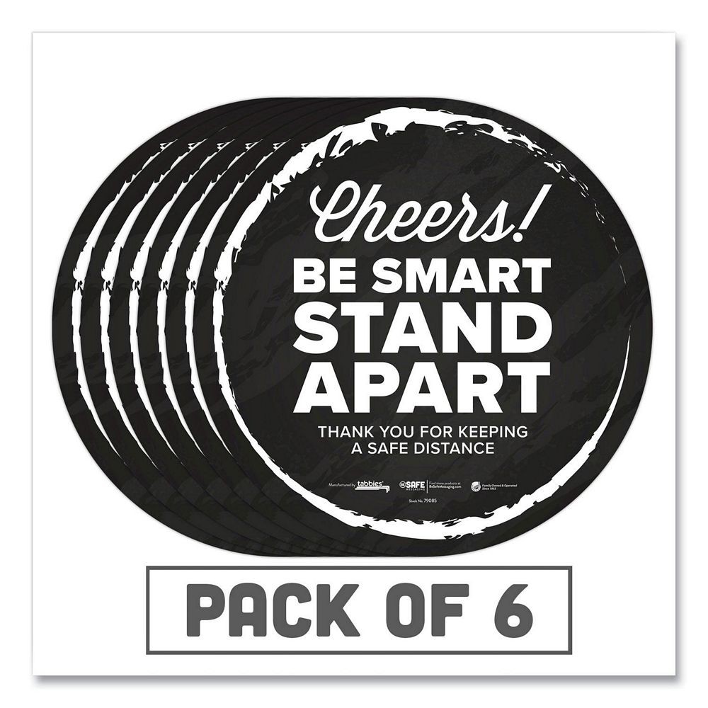 Besafe Messaging Floor Decals, "Cheers; Be Smart Stand Apart; Thank You For Keeping A Safe Distance", 12" Dia, Black/White, 6/Pack