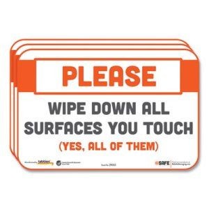 Besafe Messaging Repositionable Wall/Door Signs, "Please Wipe Down All Surfaces You Touch", 9" x 6", 3/Pack
