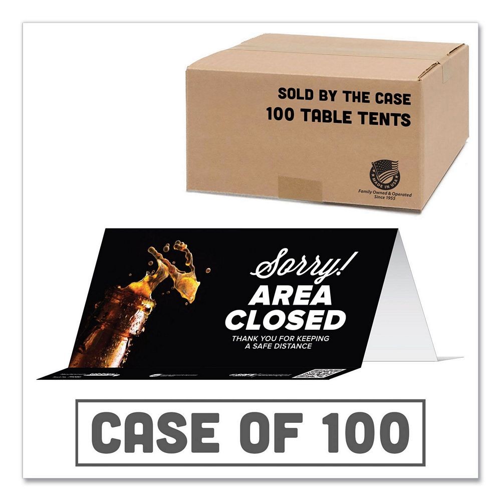 Besafe Messaging Table Top Tent Card, 8" x 3.87", "Sorry! Area Closed Thank You For Keeping A Safe Distance", Black, 100/Carton