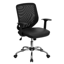 Flash Furniture LF-W95-LEA-BK-GG Black Mesh Office Chair with Mesh Back and Italian Leather Seat