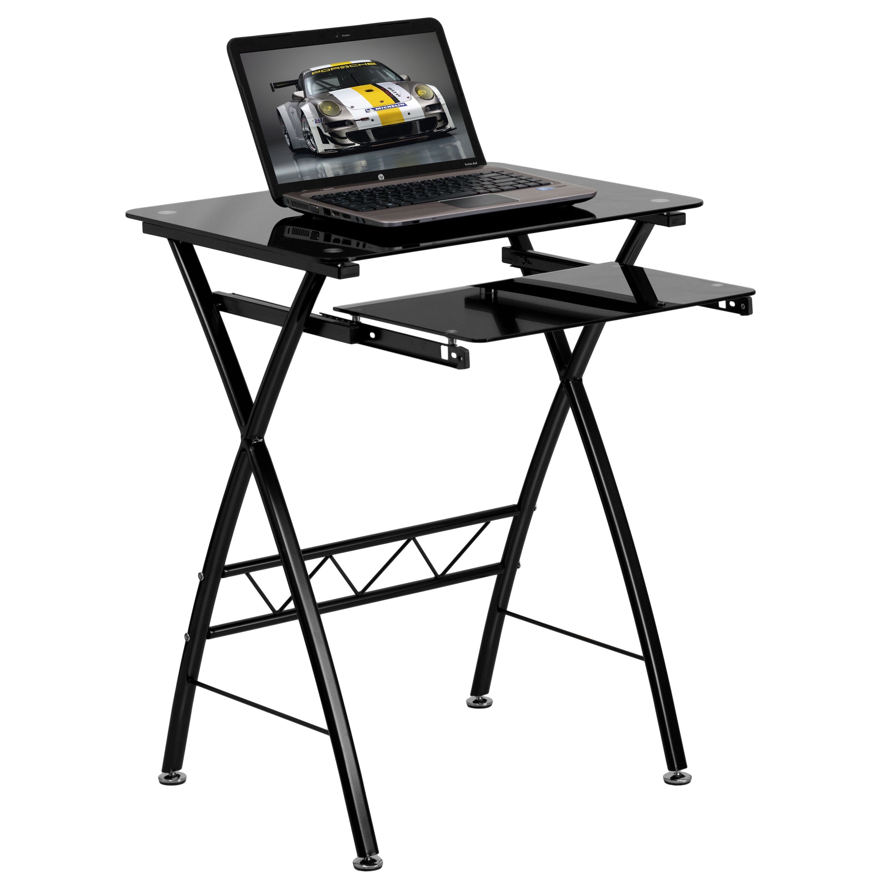 Flash Furniture NAN-CP-60-GG Black Tempered Glass Computer Desk with Pull-Out Keyboard